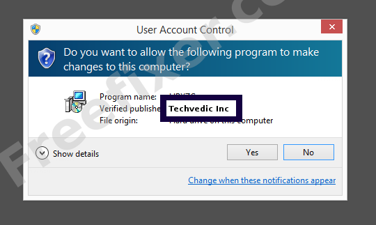 Screenshot where Techvedic Inc appears as the verified publisher in the UAC dialog